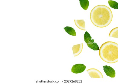 Mojito, Lemonade Cocktail Or Sour Infused Water Ingredient. Flatlay With Sliced Lemon And Mint Leaves, Copy Space