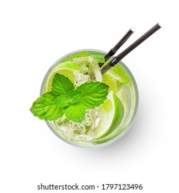 Mojito With Lime And Mint Classic Cocktail. Isolated On White Background. Top View Flat Lay