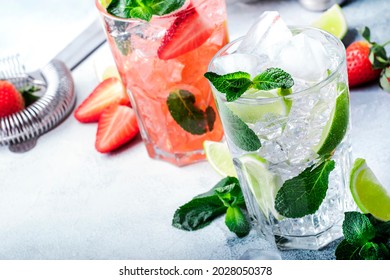 Mojito Mocktail Set With Lime, Mint, Strawberry And Ice In Glass On Gray Background