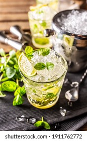 Mojito Or Virgin Mojito Long Rum Drink With Fresh Mint, Lime Juice, Cane Sugar And Soda.