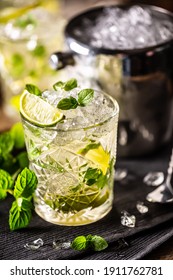 Mojito Or Virgin Mojito Long Rum Drink With Fresh Mint, Lime Juice, Cane Sugar And Soda.