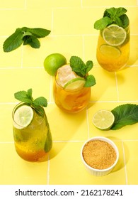 Mojito Or Virgin Mojito Long Rum Drink With Fresh Mint, Lime Juice, Cane Sugar And Soda.