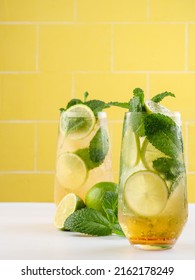 Mojito Or Virgin Mojito Long Rum Drink With Fresh Mint, Lime Juice, Cane Sugar And Soda.