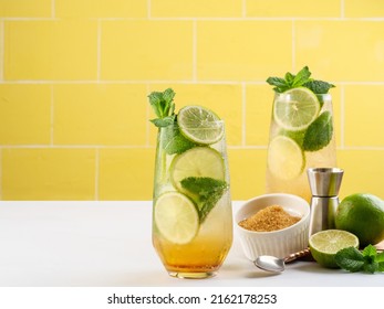 Mojito Or Virgin Mojito Long Rum Drink With Fresh Mint, Lime Juice, Cane Sugar And Soda.