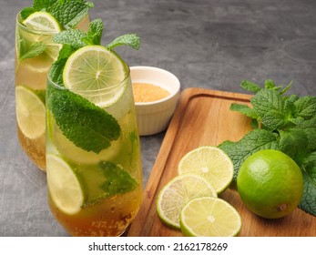 Mojito Or Virgin Mojito Long Rum Drink With Fresh Mint, Lime Juice, Cane Sugar And Soda.