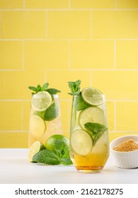 Mojito Or Virgin Mojito Long Rum Drink With Fresh Mint, Lime Juice, Cane Sugar And Soda.