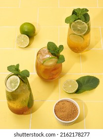 Mojito Or Virgin Mojito Long Rum Drink With Fresh Mint, Lime Juice, Cane Sugar And Soda.