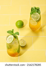 Mojito Or Virgin Mojito Long Rum Drink With Fresh Mint, Lime Juice, Cane Sugar And Soda.