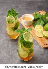 Mojito Or Virgin Mojito Long Rum Drink With Fresh Mint, Lime Juice, Cane Sugar And Soda.