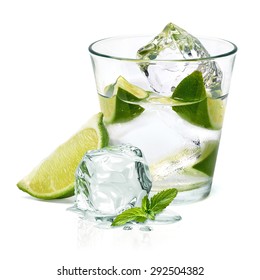 Mojito, Vodka, Gin Or Caipirinha Cocktail With Lime Wedge Isolated On White Background