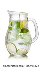 Mojito-style Detox Water With Lime,lemon And Mint. Pitcher Full Of Infused Water. Clean Eating,diet,fat Burning
