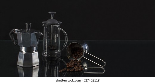 Moka, French Press And Coffee Pot, Cezve, Full Of Coffee Beans.