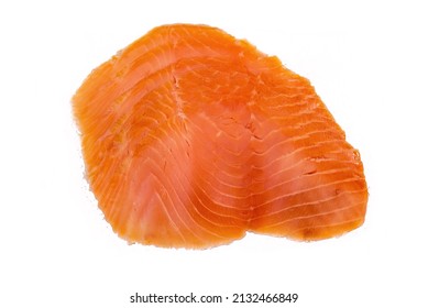 Moked Salmon Sliced Isolated On White Background, Top View, Flat Lay