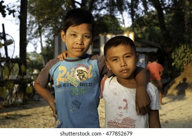 Moken Children In Mergui Archipelago, Myanmar-Burma. 22 March 2016