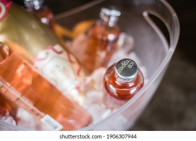 Mokolodi, Botswana - August 29 2020: Bottles Of Ice Tropez And Bonang Matheba Bottle Of Champagne In A Clear Bucket Filled With Ice Cubes