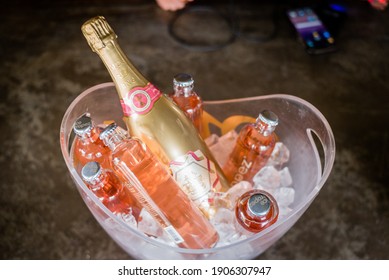 Mokolodi, Botswana - August 29 2020: Bottles Of Ice Tropez And Bonang Matheba Bottle Of Champagne In A Clear Bucket Filled With Ice Cubes