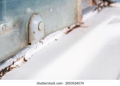 Mold Fungus And Rust Growing In Tile Joints In Damp Poorly Ventilated Bathroom With High Humidity, Wtness, Moisture And Dampness Problem In Bath Areas And Shower.