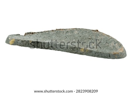 Mold on bread. Slice of black rye bread is completely covered in mold. Macro close up, isolated on white background
