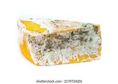Mold on cheese, close-up on a white background. Mold on food. Fluffy mold spores as a background or texture. Mold fungus. Abstract background with copy space.
