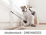 Mold remediation service: A professional worker spraying products to remove mold before house painting, clad in a protective suit and respirator mask, with a backpack sprayer at a home renovation site