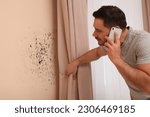 Mold removal service. Man talking on phone and looking at affected wall in room