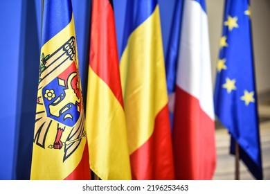 Moldavian Flag Next To German, Romanian, French And The European Union Flags During A Political Summit