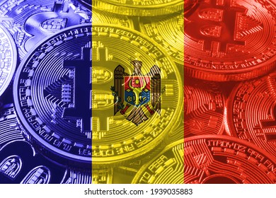 Moldova bitcoin flag, national flag cryptocurrency concept black background
