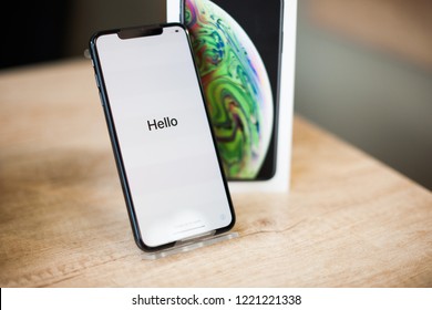 Moldova, Hincesti, 29.10.2018. New Iphone XS Max Black entering in system showing Hello on the screen . New iPhone XS Max Black is manufactured by apple Inc