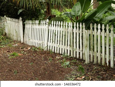 Moldy Old White Broken Picket Fence In Front Of A Green Garden.