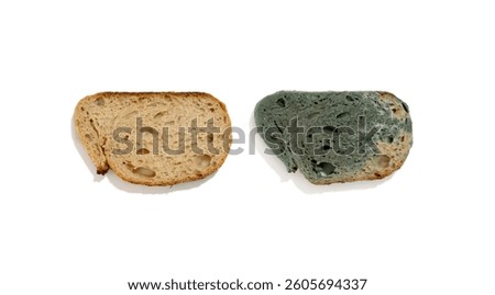 Moldy slice of bread before and after isolated on white backgound    