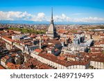 The Mole Antonelliana aerial panoramic view, a major landmark building in Turin city, Piedmont region of Italy