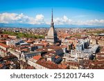 The Mole Antonelliana aerial panoramic view, a major landmark building in Turin city, Piedmont region of Italy