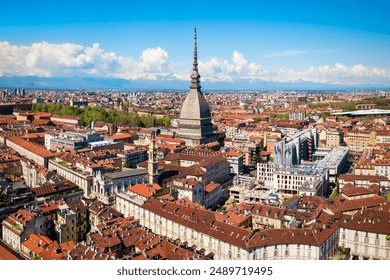 The Mole Antonelliana aerial panoramic view, a major landmark building in Turin city, Piedmont region of Italy - Powered by Shutterstock