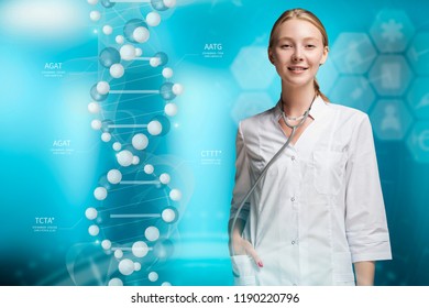 Molecular Biology, Genetics and Medical Concept. An young woman doctor, scientist or biologist, is working in a futuristic, augmented reality virtual space, interacting with a dna sequence. 