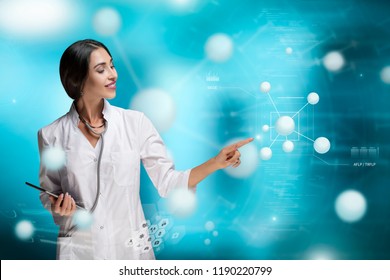 Molecular Biology, Genetics and Medical Concept. A woman, scientist, doctor or biologist, is working in a futuristic, augmented reality virtual space, interacting or researching on molecular level