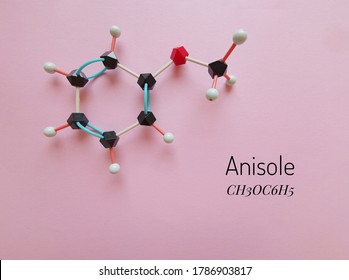 Molecular structure model of anisole. Anisole (methoxybenzene, methyl phenyl ether) is a colorless liquid with an odor of anise, it is a precursor to perfumes, insect pheromones, and pharmaceuticals. - Shutterstock ID 1786903817