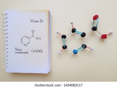 Molecular structure model and structural chemical formula of niacin molecule (vitamin B3, nicotinic acid). Black=C, red=O, white=H, blue=N.