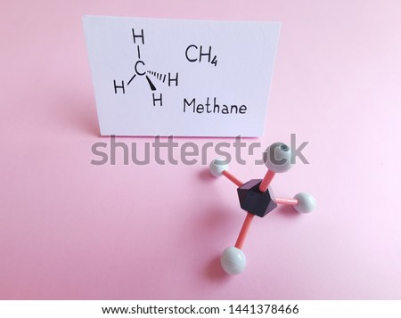 Molecular structure model and structural chemical formula of methane molecule. CH4, natural gas. Ball-and-stick model and skeletal formula.