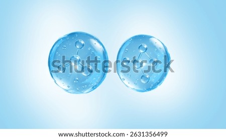 Molecule inside bubble on blue background. Blue collagen serum drops. Concept skin care cosmetics solution. Vector illustration