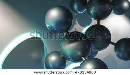 Molecule model design element. Architectural decoration under sunlight. Neon lightening on steel spheres. Chemistry theme decoration of public building interior. Grey and green abstract sculpture shot