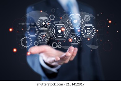 A molecules abstraction hovering over a man's palm, science and unity concept