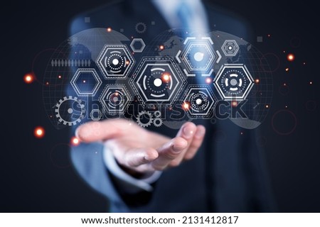 A molecules abstraction hovering over a man's palm, science and unity concept