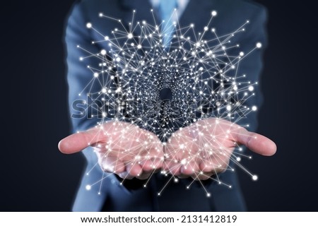 A molecules abstraction hovering over a man's palm, science and unity concept