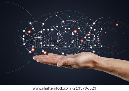 A molecules abstraction hovering over a man's palm, science and unity concept