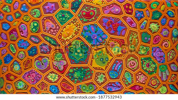 molecules, cells of a
living organism, different, colored with different emotions, molded
from plasticine