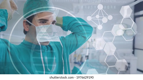 Molecules, dna, and data processing over surgeon putting on mask, healthcare and technology concepts. digitally generated image
