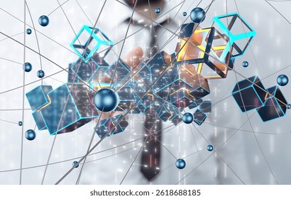 Molecules technology with polygonal shapes on dark blue background. 