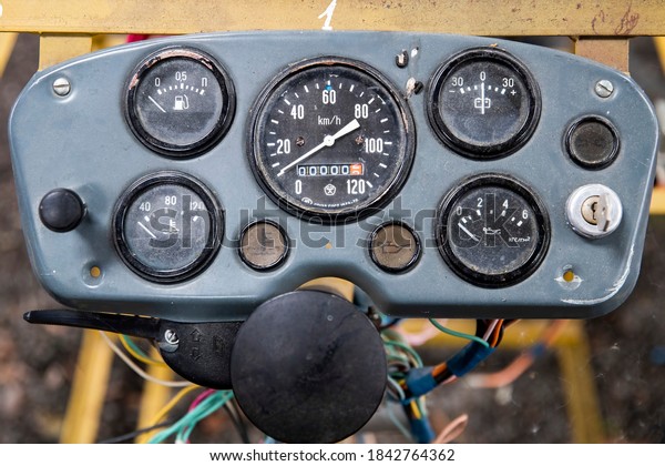 Moletai/Lithuania June 29, 2020\
an old dirty\
rustick military truck\
dashboard