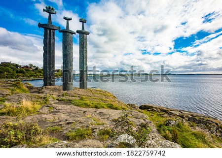 Mollebukta bay panorama with Swords in Rock monument commemorating Battle of Hafrsfjord Stavanger Rogaland Norway Scandinavia