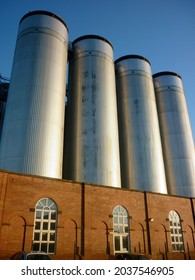 Molson Coors Brewery steel tanks in Burton on Trent, UK.